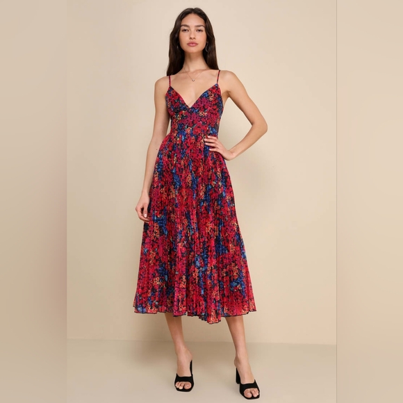 Lulus Sincerely Gorgeous Black Multi Floral Pleated Midi Dress - Picture 1 of 8